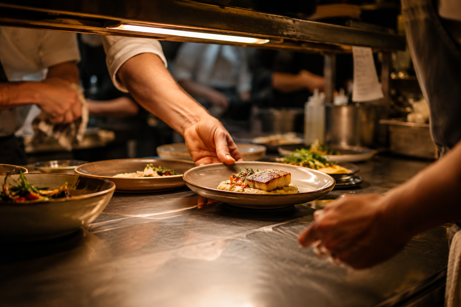 Détail — mains au passe, assiettes qui partent